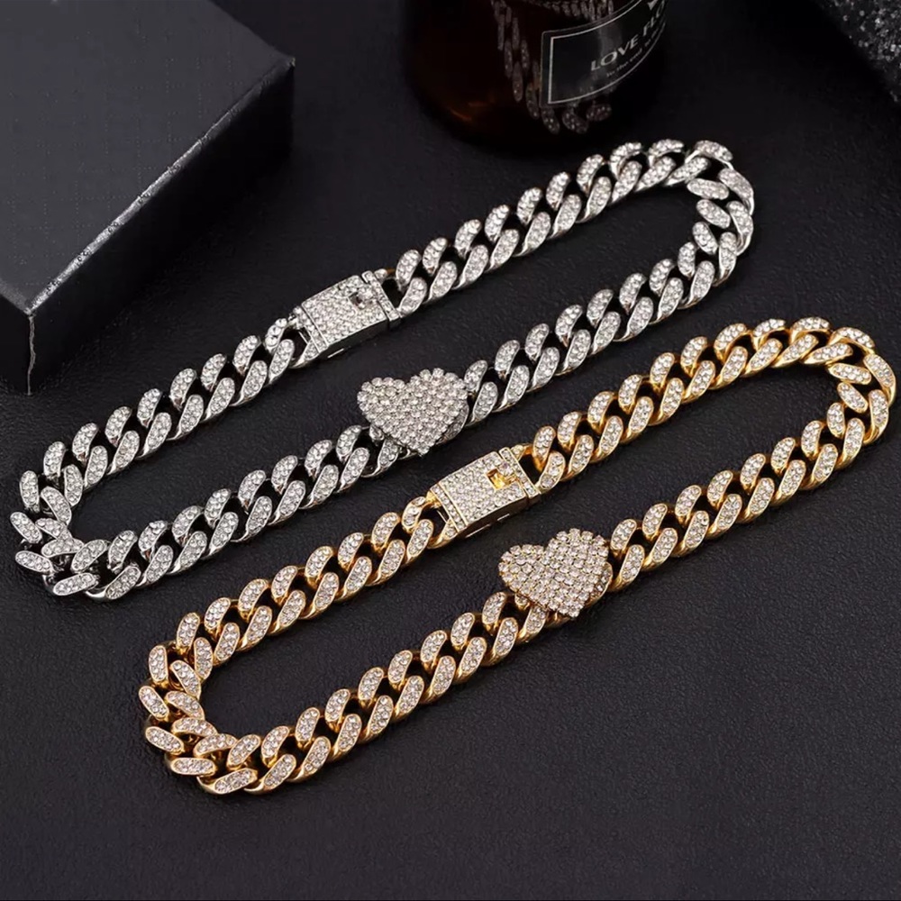 SILVER SUPER HOT HEAVY ICED OUT MIAMI CUBAN LINK HEART CHAIN CHOKER SEXY BLING - Picture 3 of 4